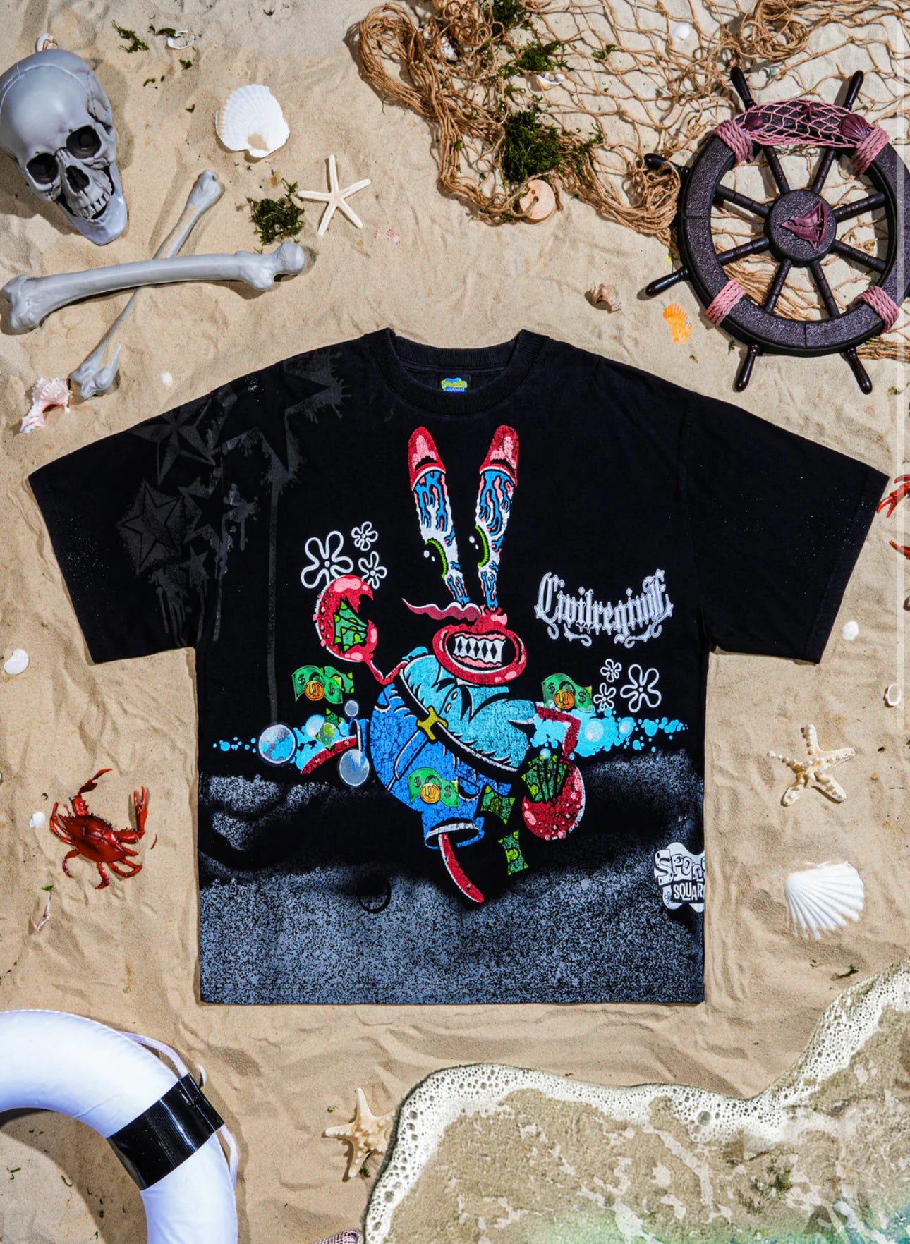 Spongebob Side By Side 199X Tee,Sr Cangrejo - Black