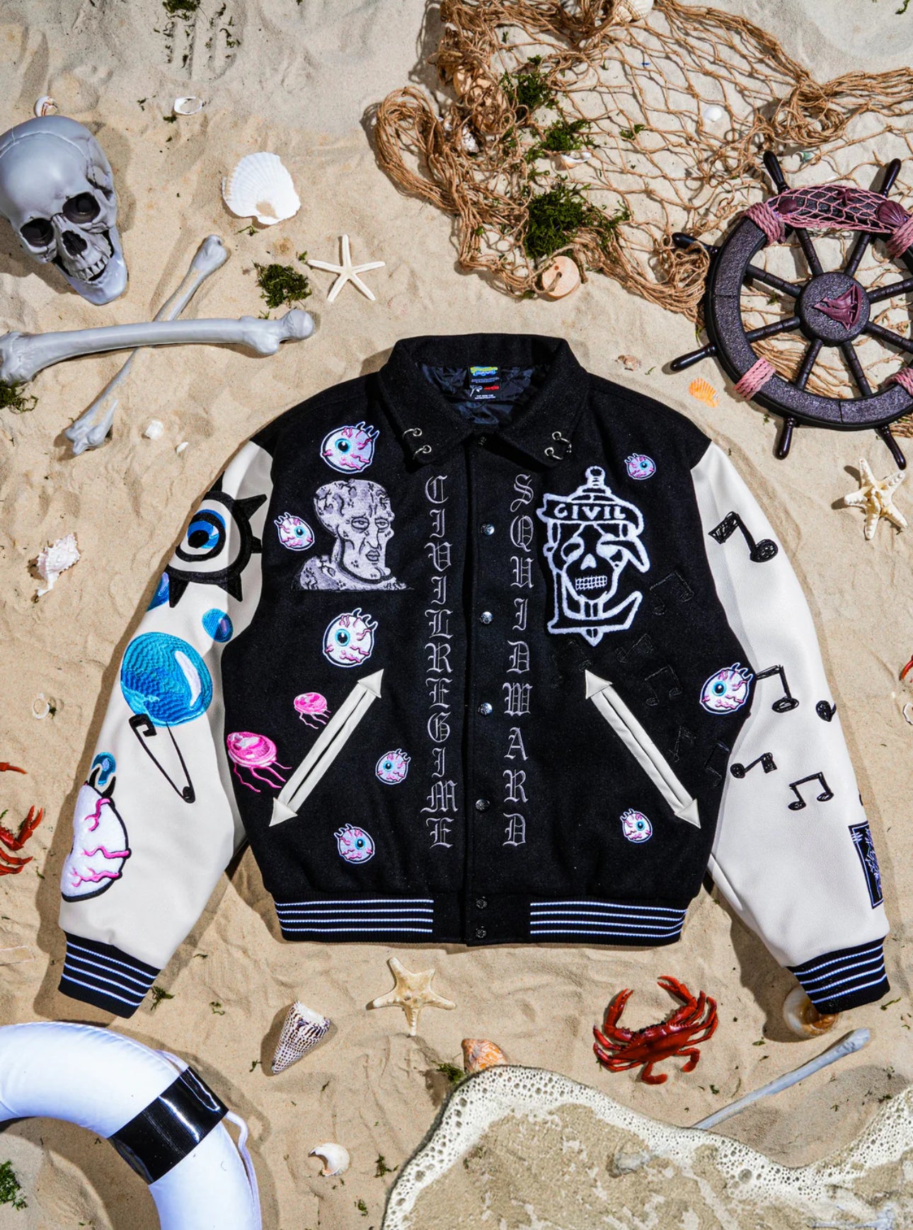 Grimebob Squarepants Varsity Jacket - Black-White